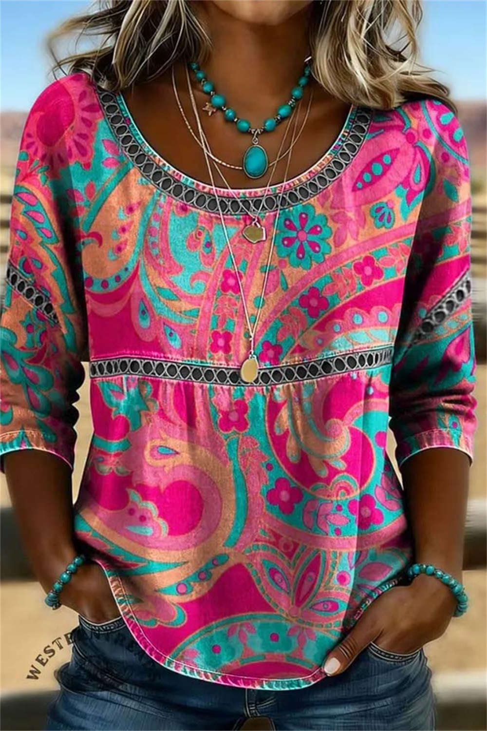 Women's Multi Paisley Round Neck 3/4 Sleeve Blouse