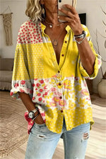 Women's Multi Floral Patchwork V Neck Long Sleeve Shirt