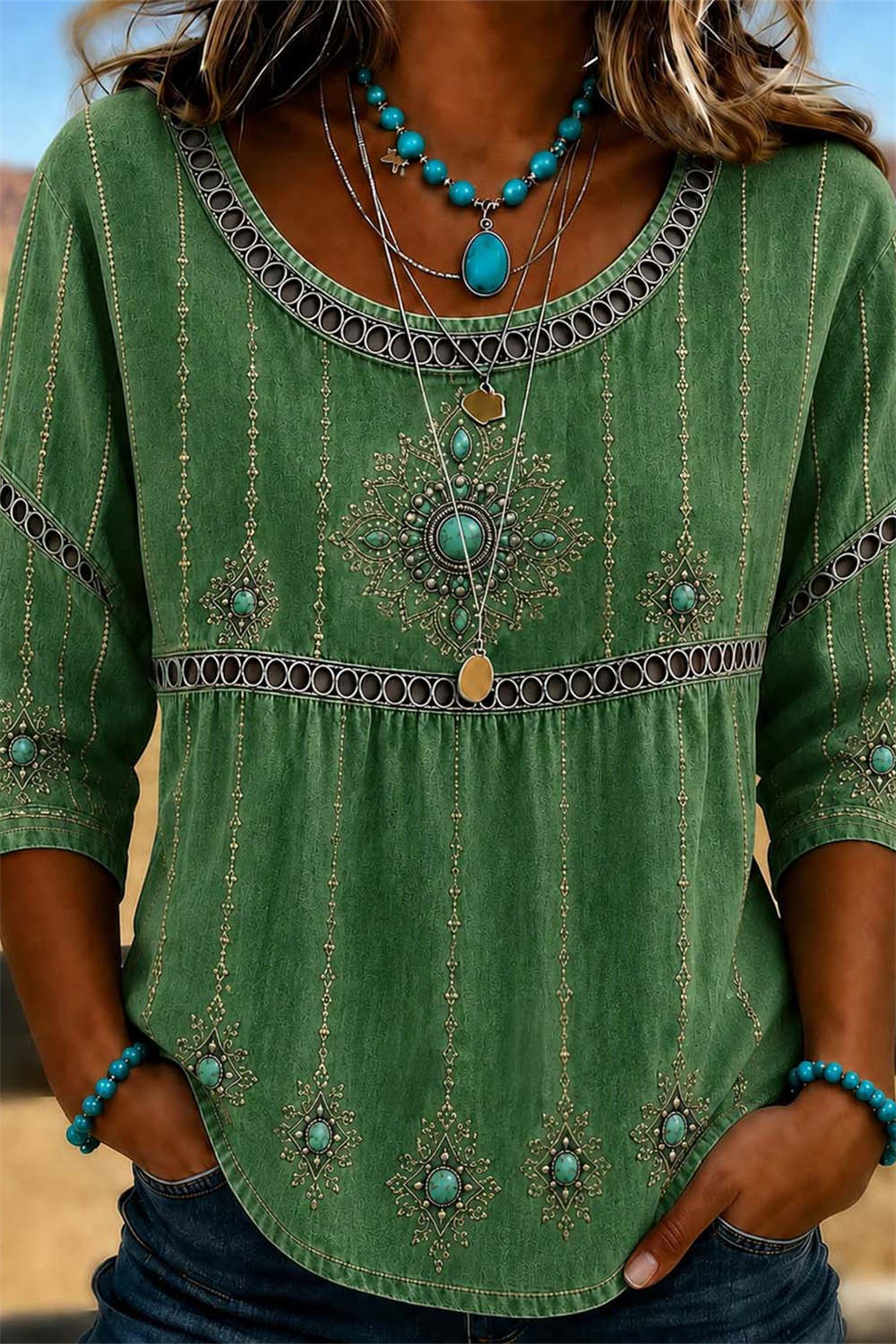 Women's Green Floral Round Neck 3/4 Sleeves Blouse