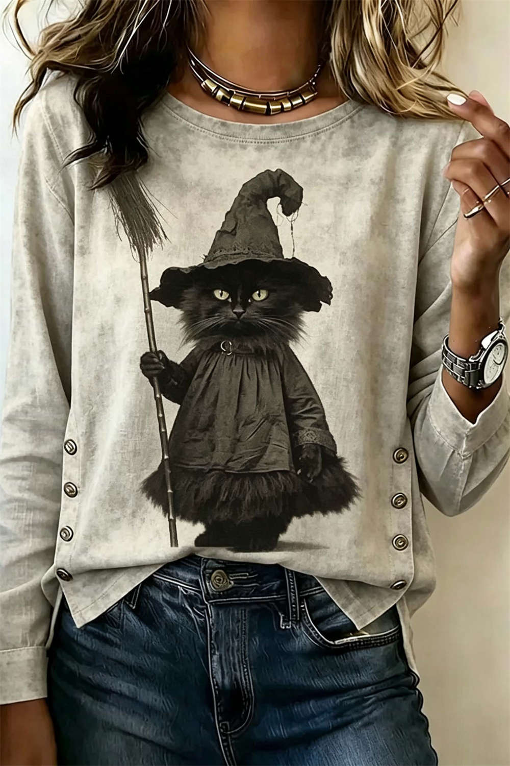 Women's Halloween Grey Witch Cat Art Crew Neck Long Sleeve Blouse