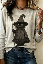 Women's Halloween Grey Witch Cat Art Crew Neck Long Sleeve Blouse