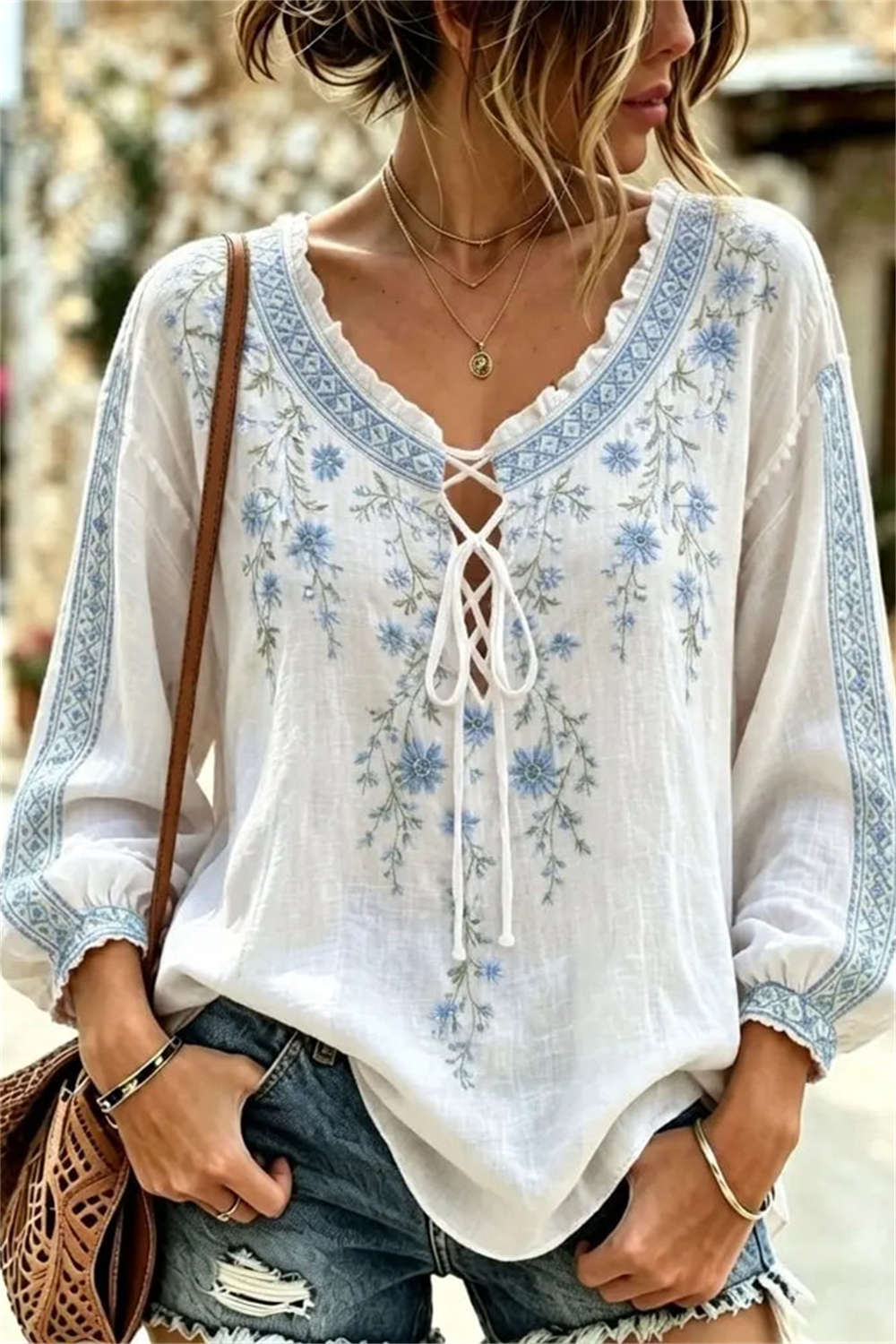 Women's White Floral V Neck Long Sleeves Blouse