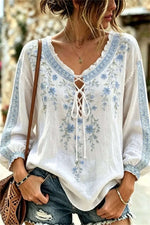 Women's White Floral V Neck Long Sleeves Blouse