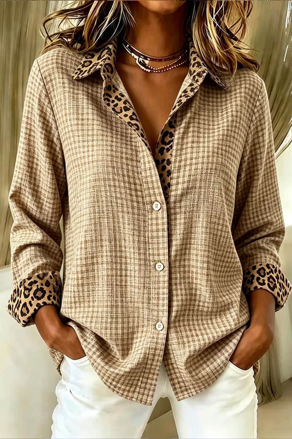 Women's Multi Plaid Leopard Collared Long Sleeve Shirt