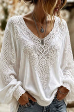 White Floral Lace V Neck Puff Long Sleeve Blouse