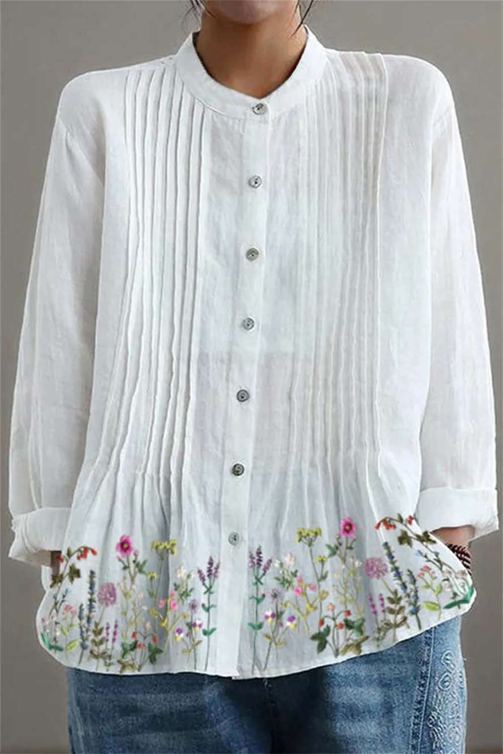 White Floral Stand Collar Long Sleeve Shirt
