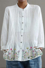 White Floral Stand Collar Long Sleeve Shirt