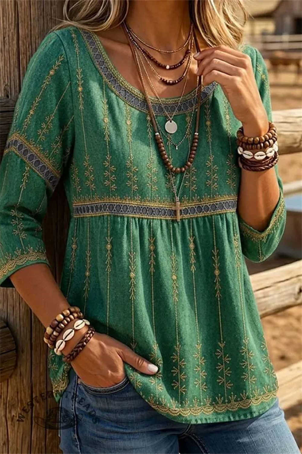 Women's Green Ethnic Embroidery Round Neck 3/4 Sleeves Blouse