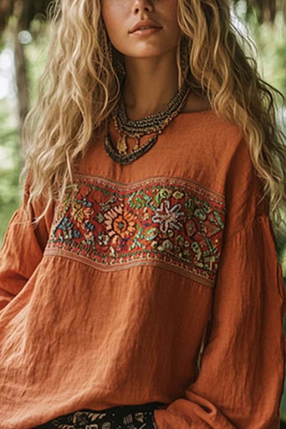 Women's Orange Floral Embroidery Round Neck Long Sleeve Blouse