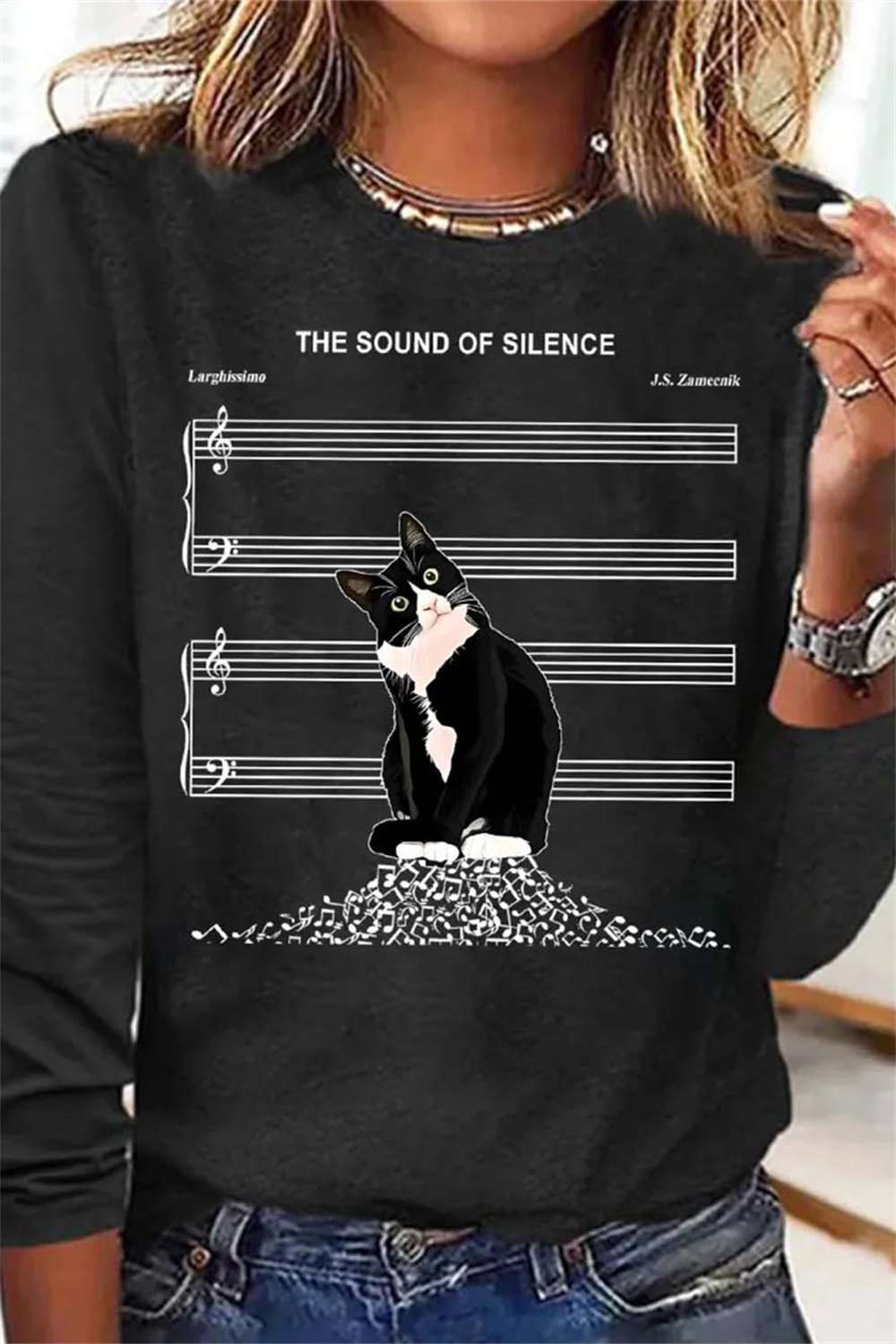 Women's Black Cat Music Note Print Round Neck Long Sleeve Blouse