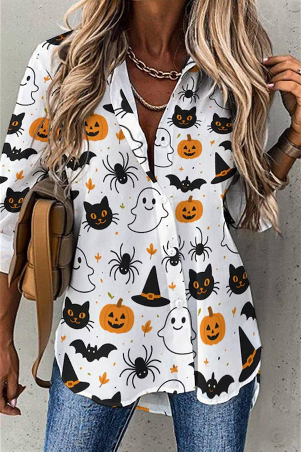 Women's Halloween Multi Pumpkin Ghost Cat Bat Spider V Neck Three Quarter Sleeve Shirt
