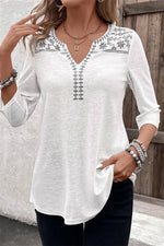 Women's White Geo Embroidered Notched V Neck Three Quarter Sleeve Blouse