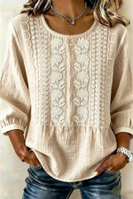 Women's Beige Floral Embroidery Round Neck Three Quarter Sleeve Blouse