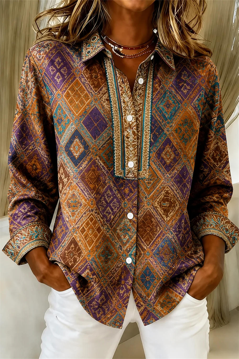 Women's Multi Geometric Print Collared Long Sleeve Shirt