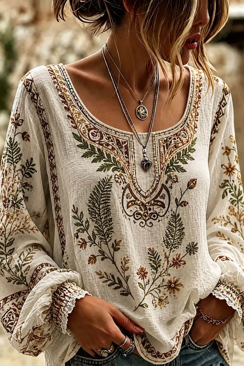Women's Multi Floral Round Neck Long Sleeve Blouse