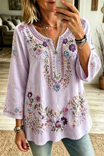Women's Purple Floral V Neck Long Sleeve Blouse