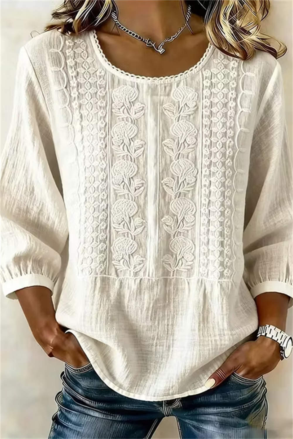Women's White Floral Lace Round Neck Three Quarter Sleeve Blouse