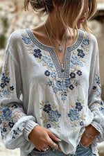 Women's Light Grey Floral Embroidery V Neck Long Sleeve Blouse