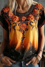 Women's Orange Black Gradient Rose Embroidery Round Neck Short Sleeve Blouse