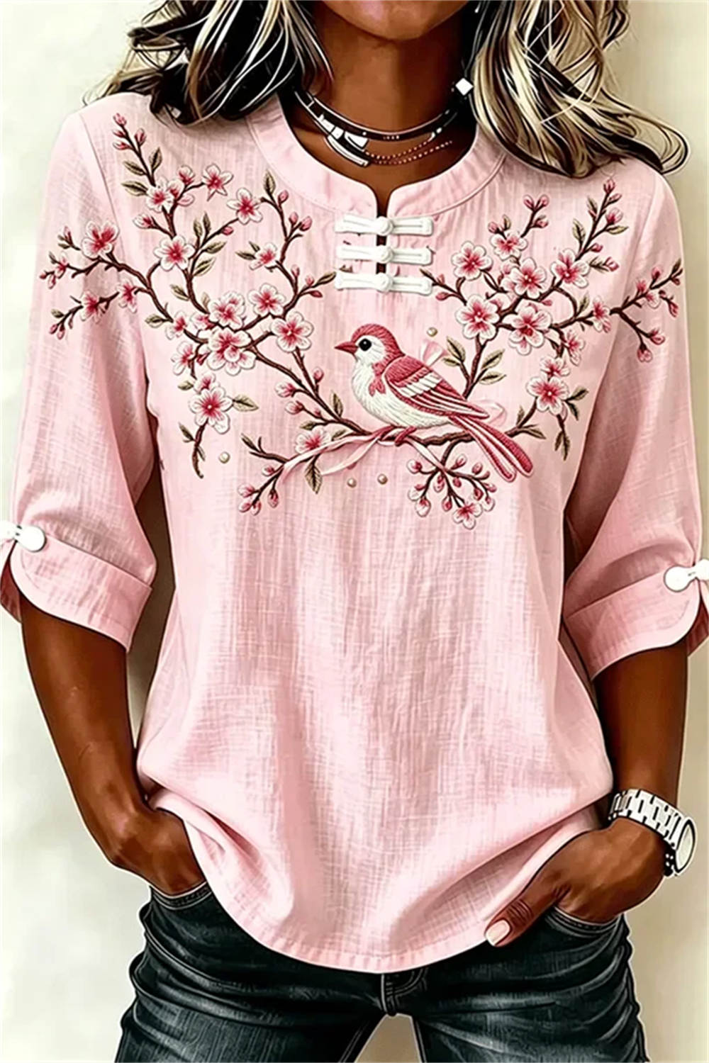 Women's Bird Cherry Blossom Embroidery Mandarin Collar Three Quarter Sleeve Blouse