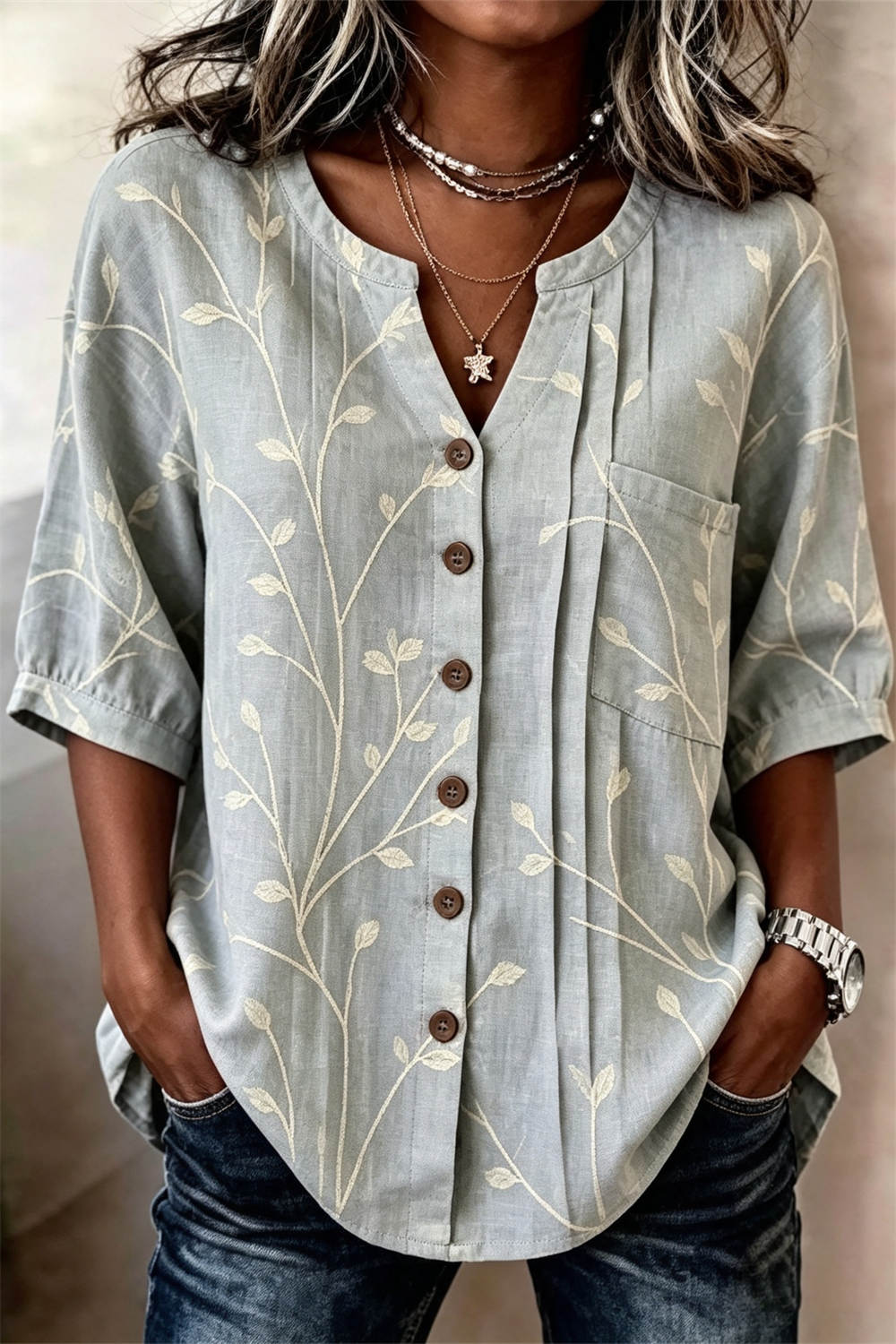 Women's Branch Leaf Print Notch Neck Three Quarter Sleeve Blouse
