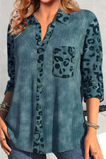 Women's Dark Green Stripe Leopard Print Collared Three Quarter Sleeve Shirt