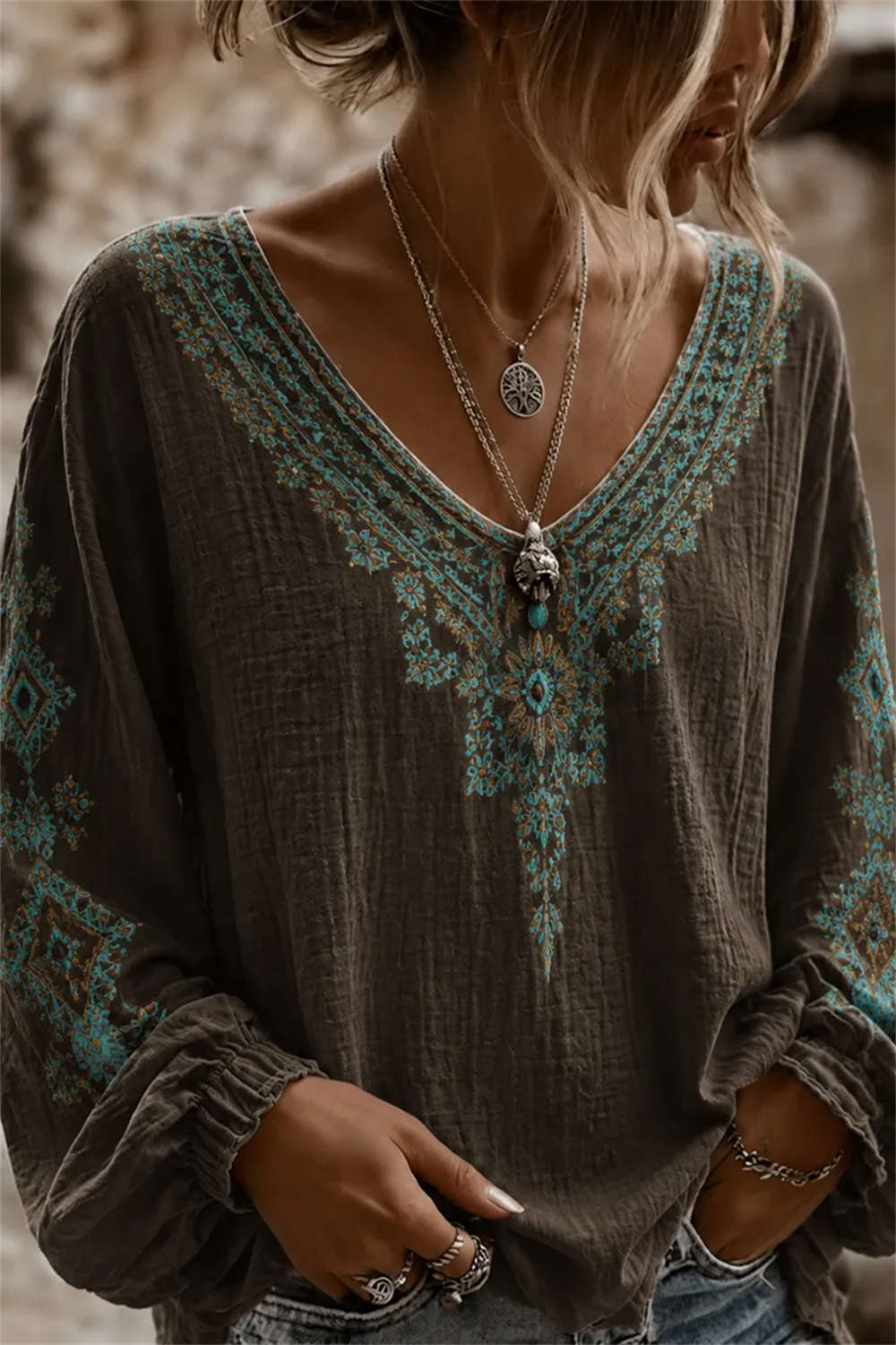 Women's Dark Grey Ethnic Floral Embroidery V Neck Long Sleeve Blouse