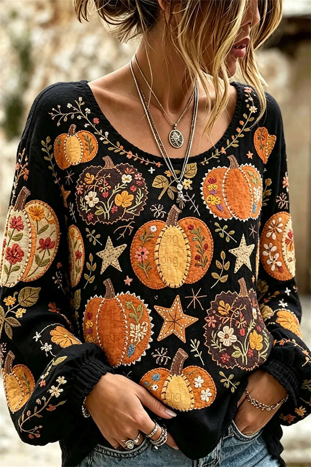 Women's Halloween Black Floral Pumpkin Round Neck Long Sleeve Blouse