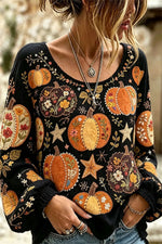 Women's Halloween Black Floral Pumpkin Round Neck Long Sleeve Blouse