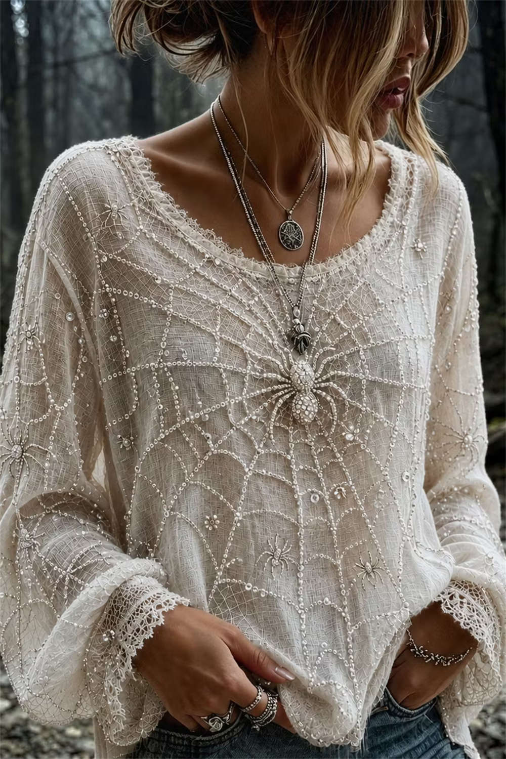 Women's Halloween Off White Spider Web Round Neck Long Sleeve Blouse