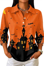 Women's Halloween Orange Haunted House Print Collared Three Quarter Sleeve Blouse