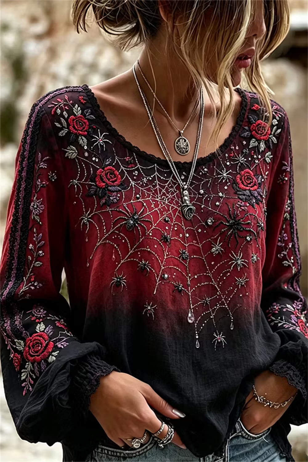Women's Halloween Red Black Gradient Spider Rose Print Scoop Neck Long Sleeve Blouse