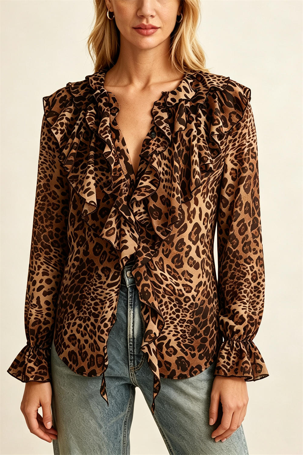 Women's Brown Leopard Ruffle Print V Neck Long Sleeve Blouse