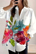 White Watercolor Floral Print Collar Long Sleeve Button Down Shirt