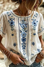 Women's White Blue Floral Embroidery Lace Trim Round Neck Short Sleeve Blouse