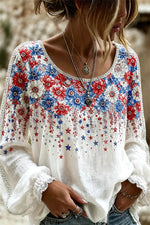 Women's Red Blue Star Floral Print Round Neck Long Sleeve Blouse