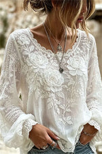 Women's White 3D Peony Lace V Neck Long Sleeve Blouse
