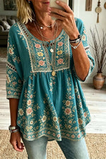 Women's Teal Multicolor Floral Embroidery Hollow Round Neck 3/4 Sleeve Blouse