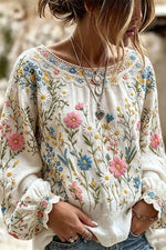 Women's Multicolor Wildflower Embroidery Hollow Round Neck Long Sleeve Blouse