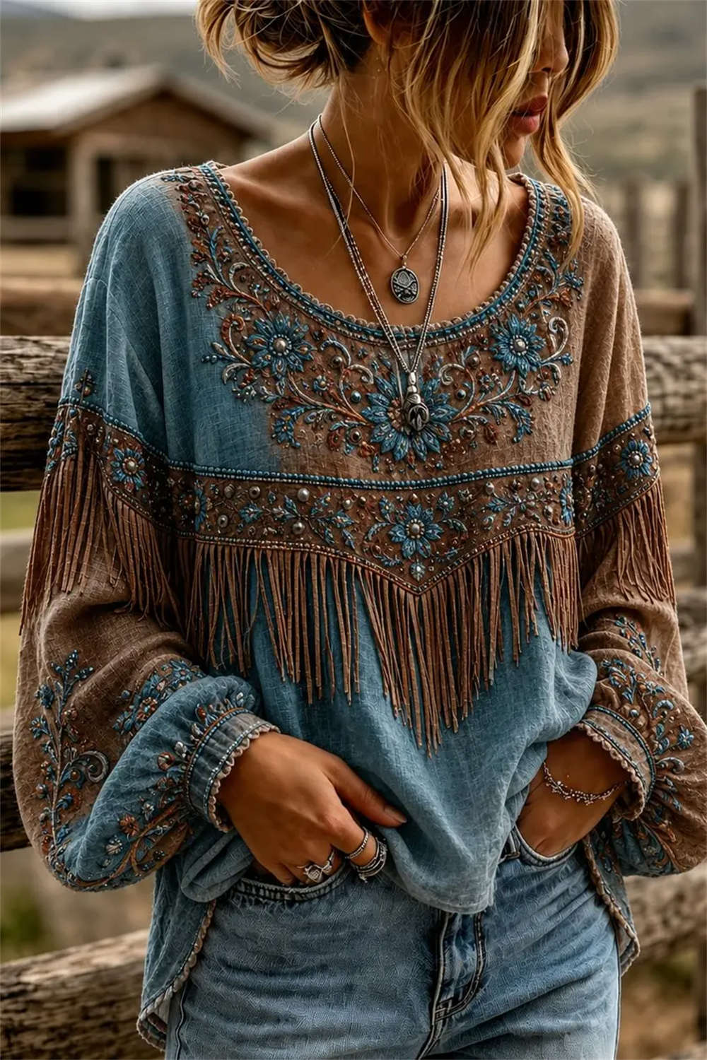Women's Blue Brown Fringe Floral Embroidery Scoop Neck Long Sleeve Blouse