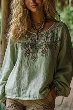 Women's Light Green Ethnic Floral Embroidery Round Neck Long Sleeve Blouse