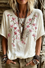 Women's White Pink Floral Embroidery Round Neck Short Sleeve Blouse