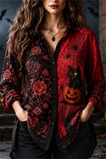 Women's Halloween Black Red Cat Pumpkin Print Lapel Collar Long Sleeve Shirt