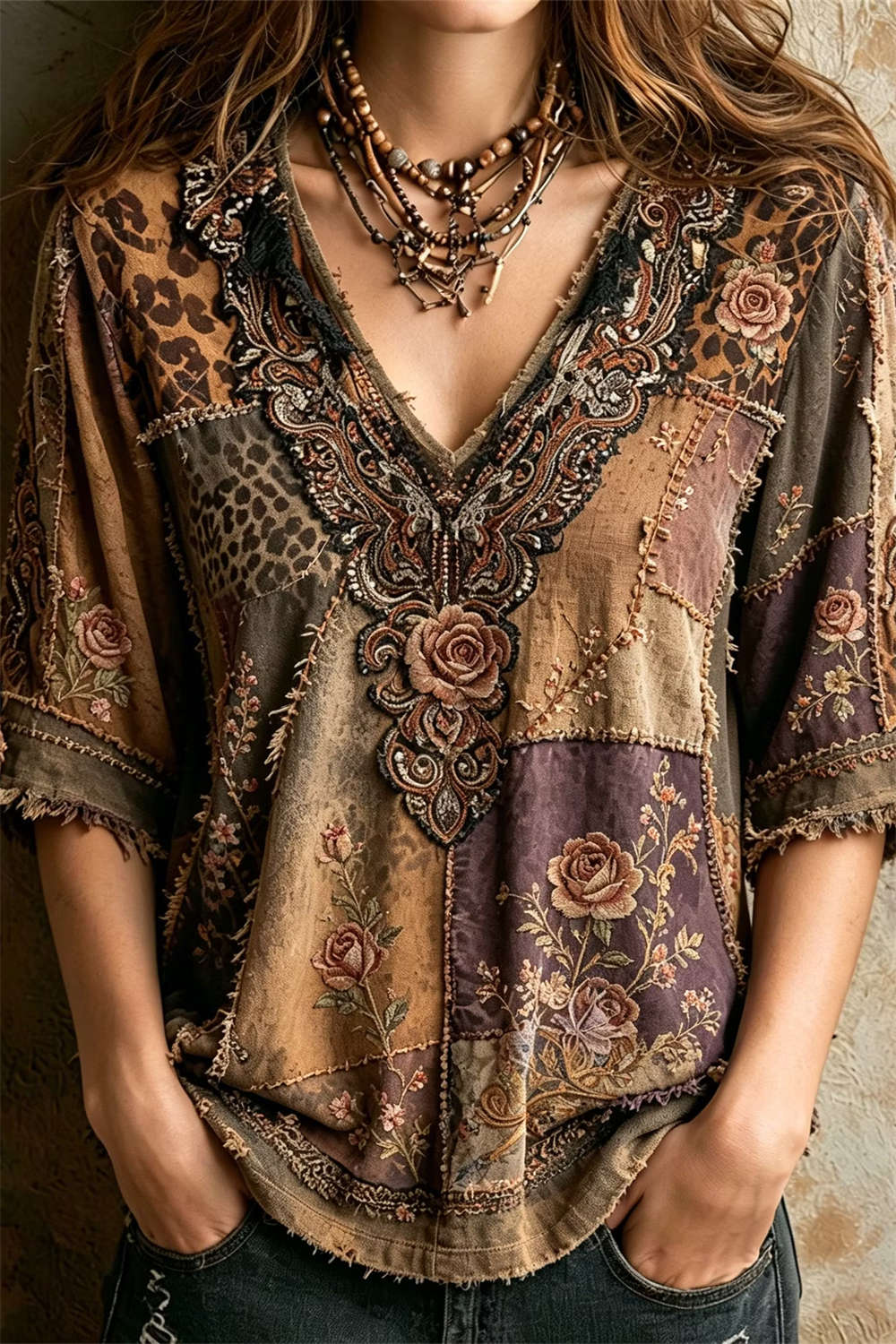 Women's Multi Floral Print Patchwork V Neck 3/4 Sleeve Blouse
