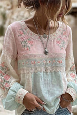 Women's Pink Mint Floral Print Patchwork Round Neck Long Sleeve Blouse
