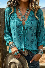 Women's Teal Floral Print V Neck Ruffle Sleeve Blouse