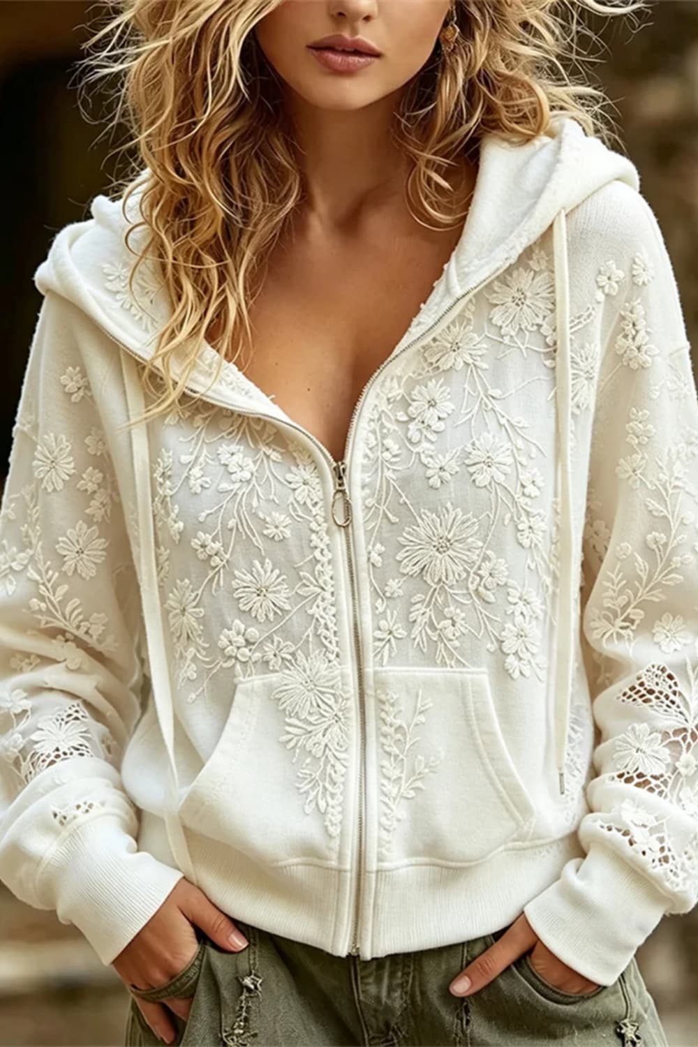 Women's White Floral Lace Hooded Zip Up Jacket
