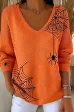 Women's Halloween Orange Spider Web Print V Neck Long Sleeve Sweater