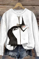 White Halloween Witch Print Round Neck Sweatshirt