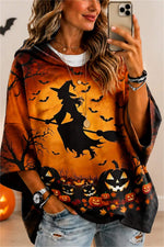 Women's Halloween Multi Witch Pumpkin Bat Print Hooded Three Quarter Sleeve Hoodie